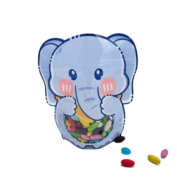 Custom Printed Elephant Shape Die-Cut Stand Up Pouches with Zip Lock and Clear Window for Kids Snacks, Candy Packaging