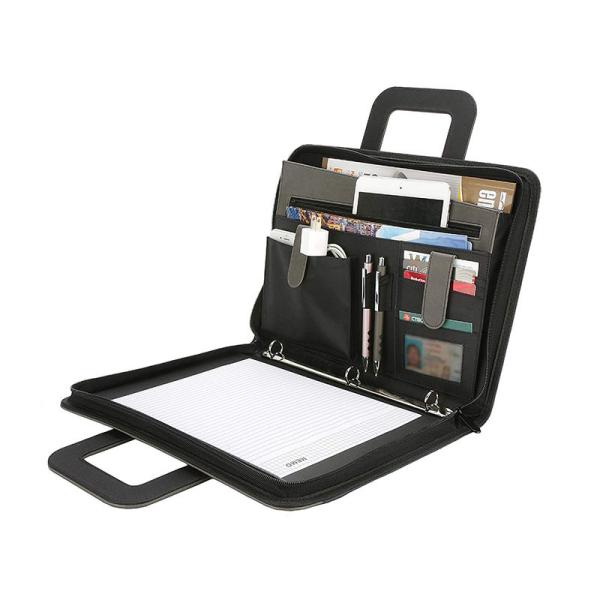 Elegant Zippered PU Leather Leather Business Portfolio Binder Navy Blue & And Grey