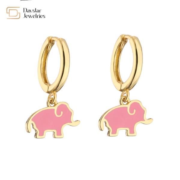 Cute Colorful Enamel Elephant Bear Mushroom Pendant Charm Hoop Earrings 18k