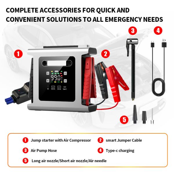 Car Emergency Start Power Supply 12V 24V Jump Starter With Air Compressor Flashlight Car Jump Starter 64000mAh