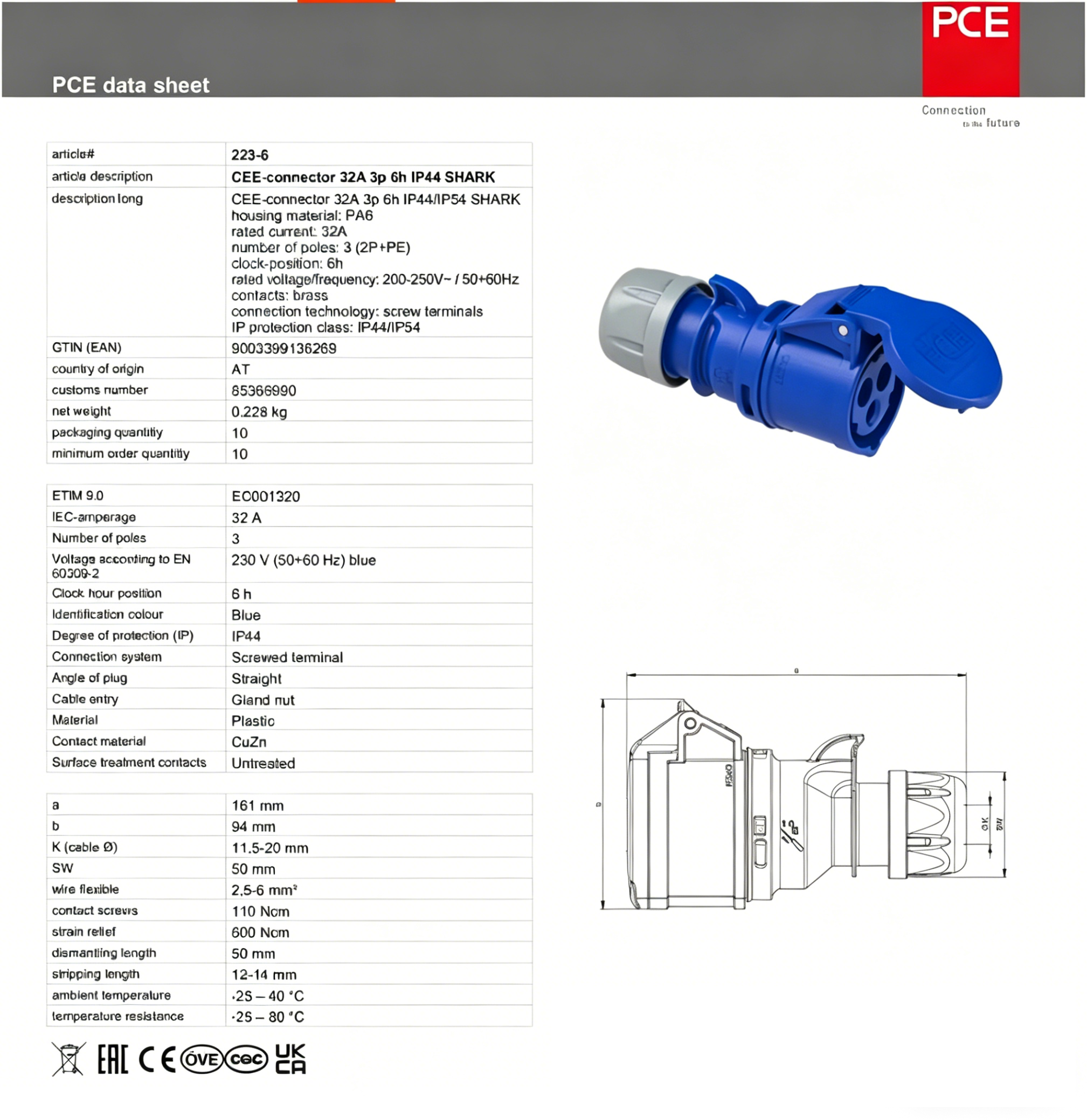 Original Brand New PCE Typ 023 Industrial Plug with Socket Connector | 32A 250V 3-Pin IP44 Plastic | Austrian Import