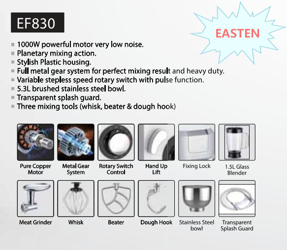 Easten 1000W Kitchen Mixer for Canada/SK1 Glass Blender Stand Mixer EF830 / 3-in-1 Plastic 5.3 Liters Kitchen Hand Mixer