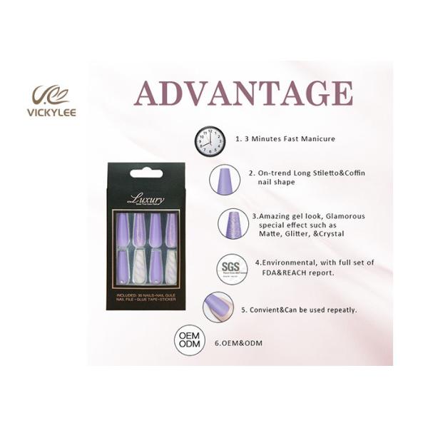 Long Coffin Ballerina OEM Purple DIY Fake Nails With Crystal Stone