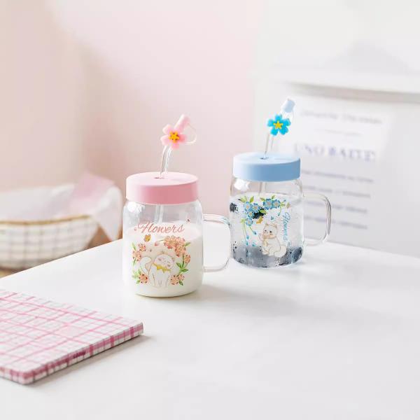 Relief Transparent Cat High-temperature Glass Cup Cute Large-capacity Covered Straw Student Girls' Milk Breakfast Cup Office