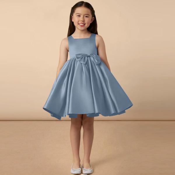 Wholesale Girl Kids Dress Blue Satin OEM ODM Baby Flower Girl Dresses Clothing Custom-made Size Knee-length Ruffles Ball
