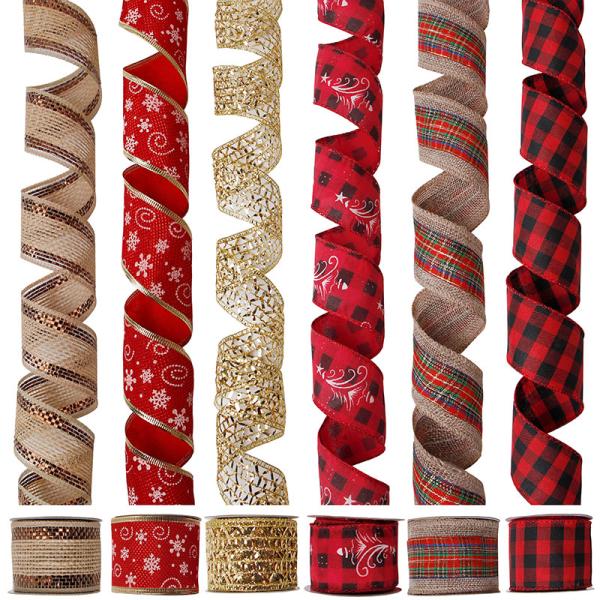 Custom Christmas Burlap Ribbon with Wired Edge and Plaid Pattern Design