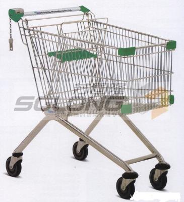 Desdobrando o aço colorido das cestas do trole da compra do supermercado material