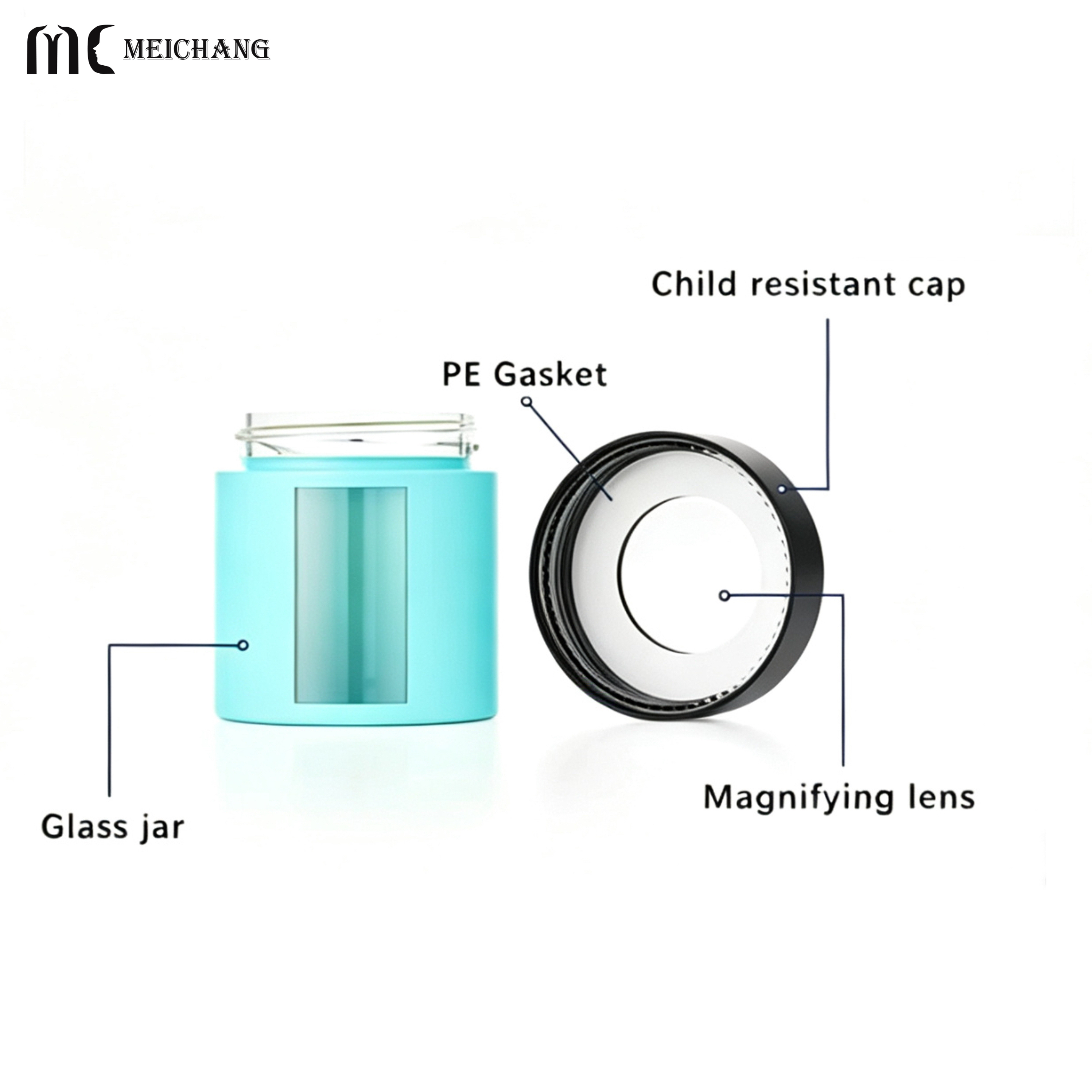 1oz 2oz 3oz 4oz Custom Child Resistant Glass Jar with Viewing Window & Magnifying Lid(MC-G-558)