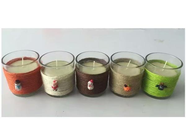 Decor home unscented glass candle with color wrapping rope  and  small ornaments
