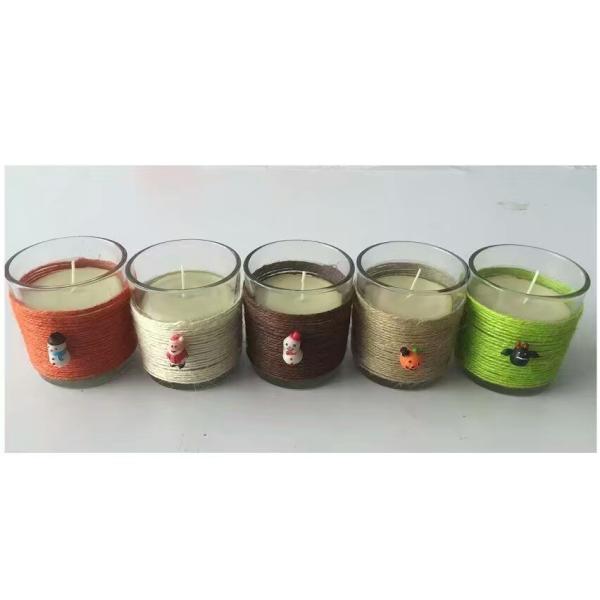 Decor home unscented glass candle with color wrapping rope  and  small ornaments