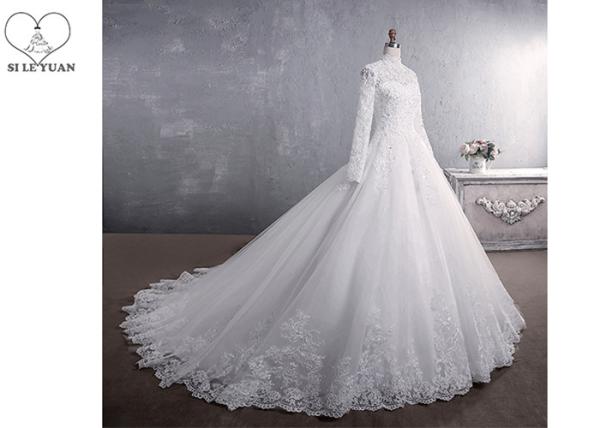 Pure White High Collar Beading Long Tail Bridal Gown / Long Sleeve Bridal Dresses