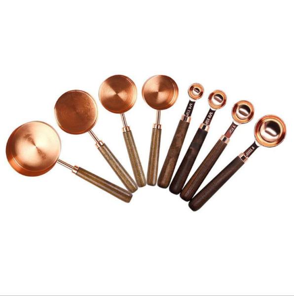FDA Measuring Cups And Spoons Set Of 8 Walnut Wood Handle Premium Stainless Steel