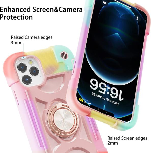 iPhone 12 Pro Max Case 6.7 - Heavy-Duty Shockproof, Ring Stand, Glass Screen & Camera Lens Protector (Rainbow Pink)
