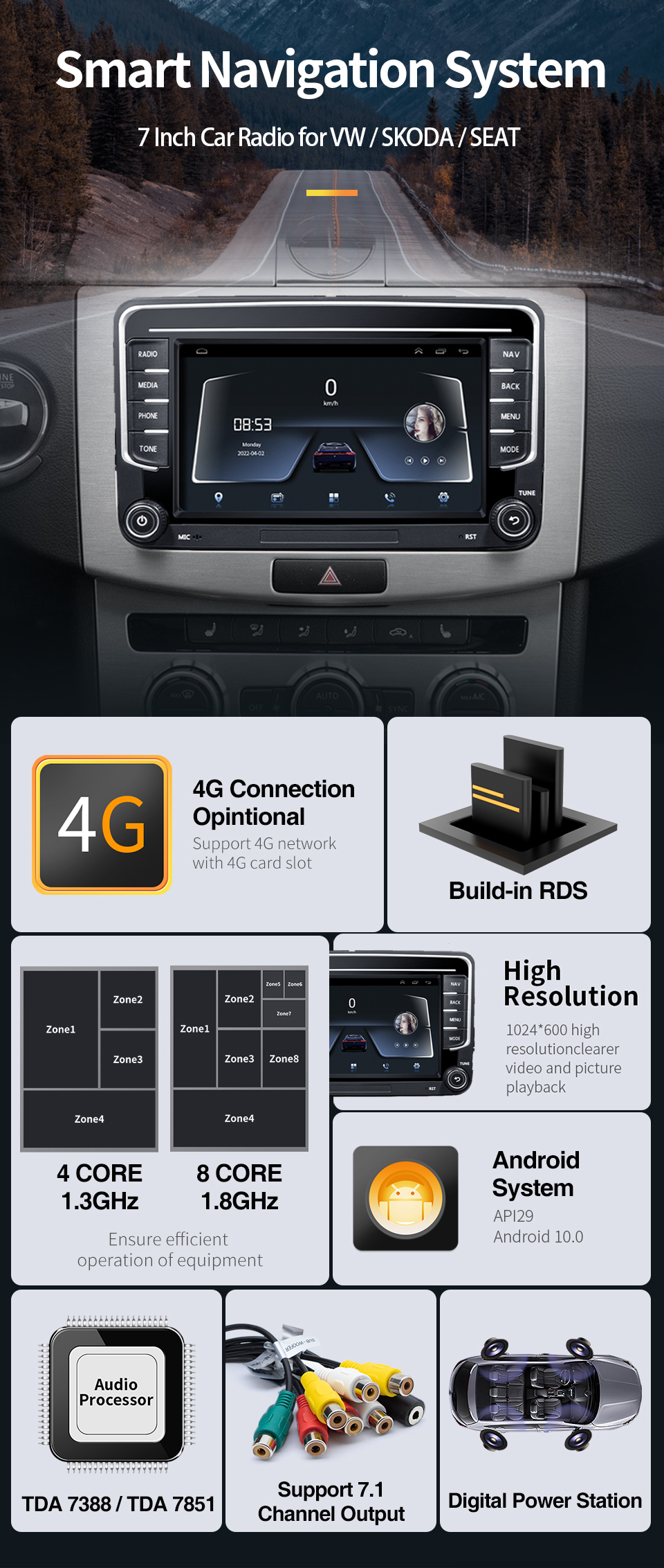 GRANDnavi 7-дюймовый двойной дино Android автомобильное радио Авто BT CarPlay для автомобильной стерео VW