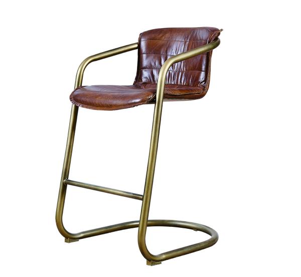 Soft Tan Brown Leather Counter Height Stool Iron Frame Bar Furniture Vintage Style