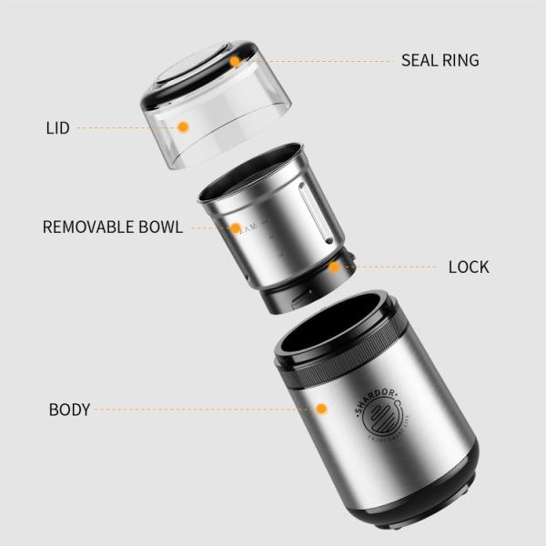 Medium Powder Removable Coffee Grinder EU Plug Transparent Lid SS304 Silver Coffee Machine