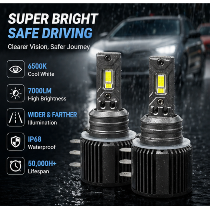 New 100W 7000LM 6500K H15 Car LED Headlight Bulb 12V Plug & Play Universal Fitment 1-year Warranty