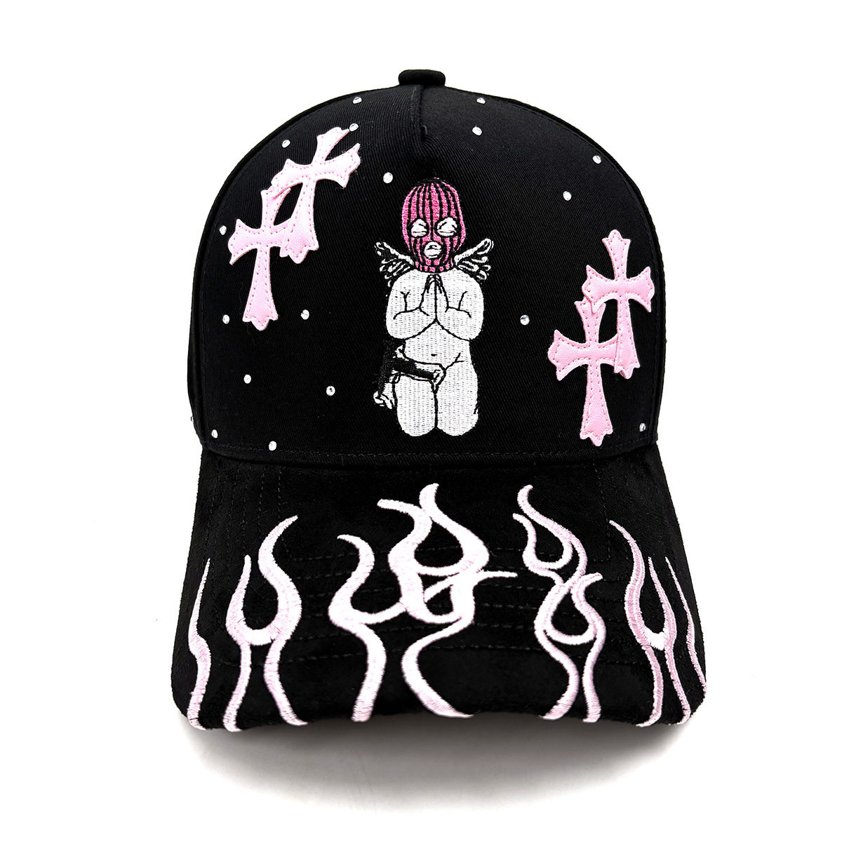 Dragon Ball Hat Gorra Embroider PU Crosses Patch Gamuza Visor Bling Rhinestone Fire Flames On Suede Brim White Shiny