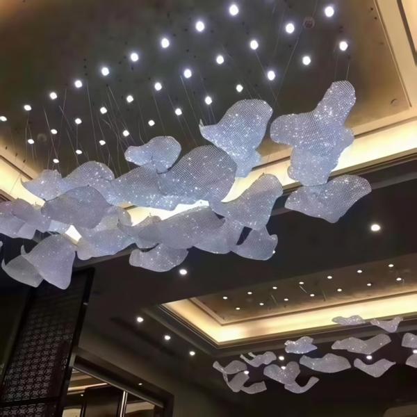 Hand Woven Crystal Cloud Chandelier Custom Crystal Ribbon Lamp Art Deco High Ceiling Chandeliers