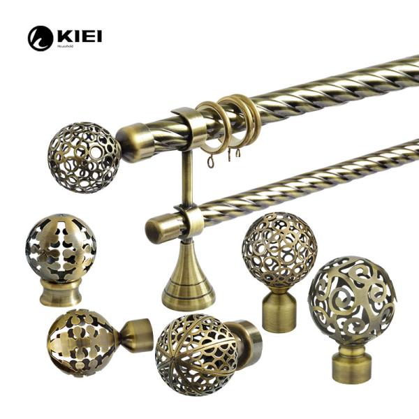 Antique Brass Color 28/19mm Metal Twist Curtain Pole Set With Ball Design Finials