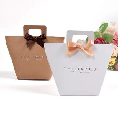 Custom Logo White Kraft Present Paper Bags 9.5*9*12cm French Gift Bag With Ribbon