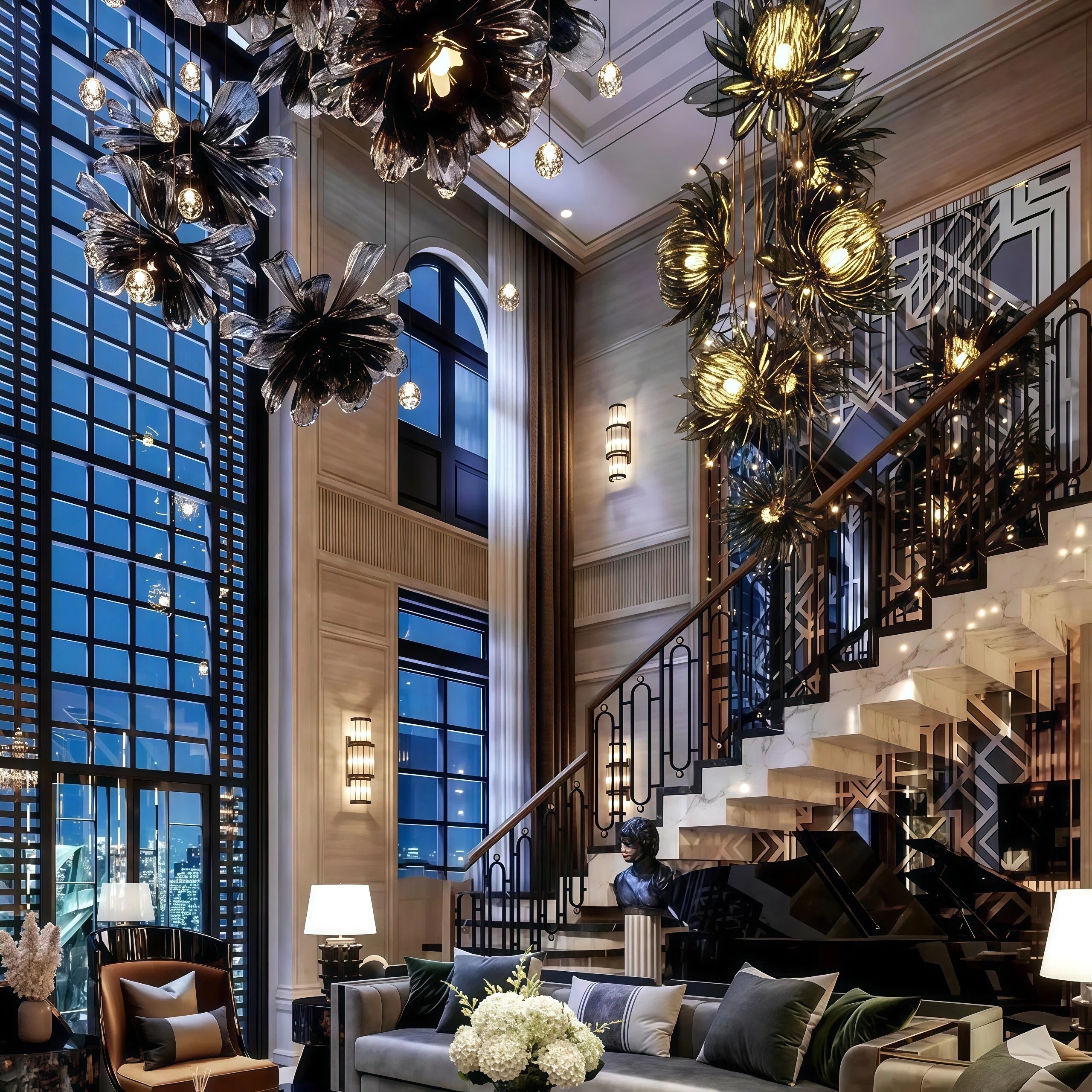 JYLIGHTING Luxury Smoky Flower Glass Chandelier, Multi-Piece Floral Hanging Light for High Ceiling Staircase, Sales Office & Lobby Decoration