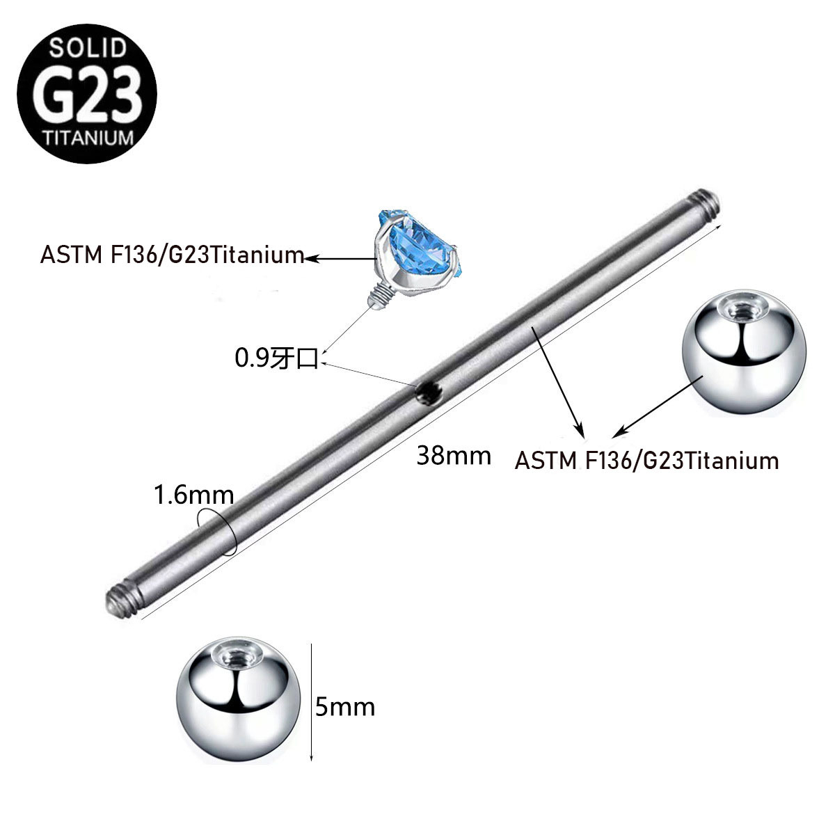 G23 titanium Industrial Barbells ear bridge with Bezel CZ ear bone nail  TB0327