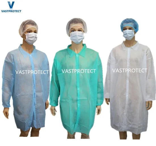OEM CE Nonwoven Protective Lab Coat Disposable Visitor Coat with Label Accessories