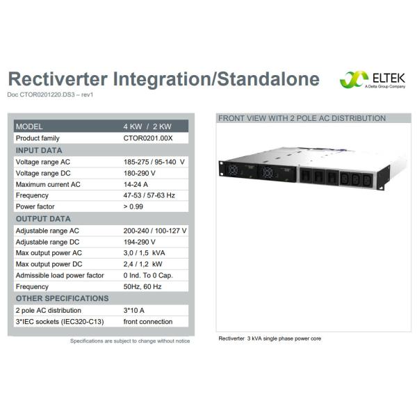 1U Integrated / Standalone Telecom Power System 3kVA 1phase 220VDC Eltek Rectiverter