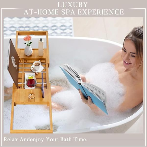 Expandable Wooden Bathtub Tray Caddy with Book and Phone Holder Custom Logo Acceptable