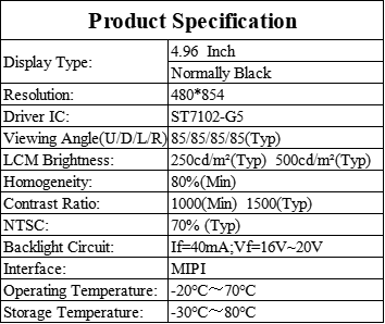 4.96 Inch PDA IPS TFT LCD Panel 480x854 Resolution MIPI Interface High Brightness