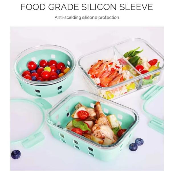 BPA Free Glass Food Prep Containers Set With Silicone Sleeve And Cool Lock PP Lid