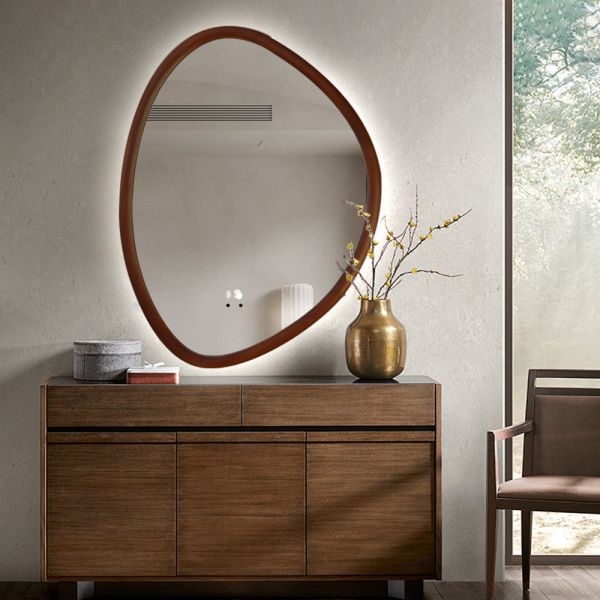 Walnut Color Wood Frame LED Mirror Illuminated Bathroom Decorative Mirror
