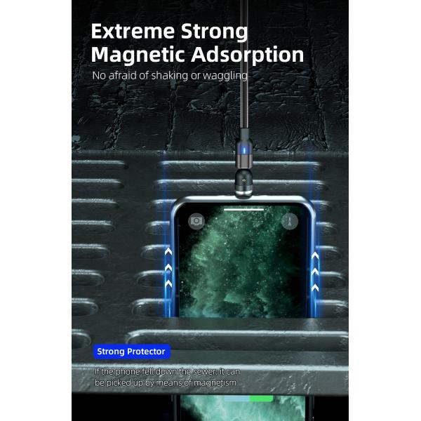 540° rotation USB magnetic cable nylon braided 3 in 1 magnetic cable fast charging 3A type C cable charger