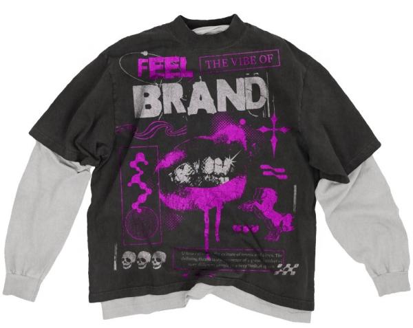 O-Neck Collar Double Layered Long Sleeve T-Shirt para Unisex Distressed Vintage Lavado