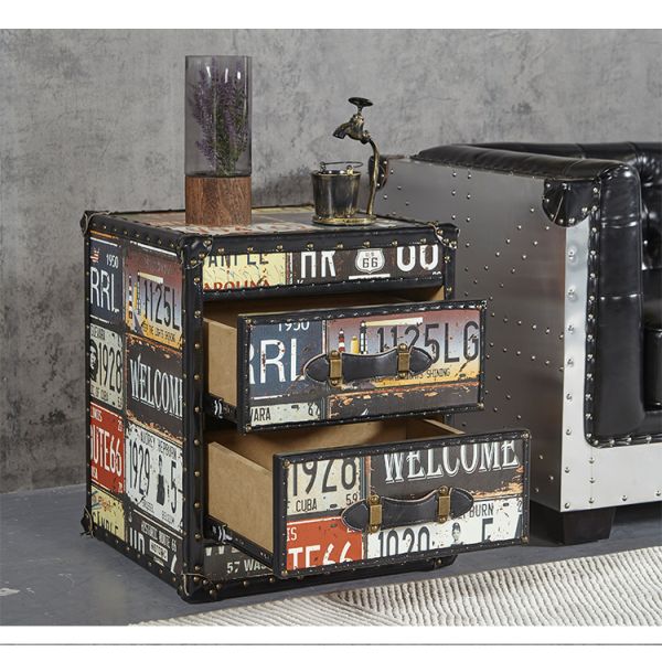 Nidea #313 Handcrafted Durable Multi-Purpose Vintage Wood Antique Home Furniture Living Room Cabinet Retro License Plate Design Featuring