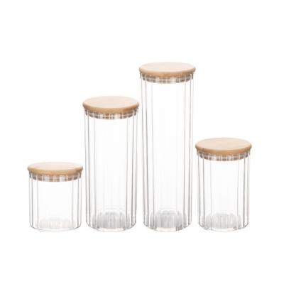 500ml-2200ml Striped Glass Kitchen Storage Containers Glass Canister With Bamboo Lid