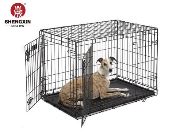 Double Door Pet Dog Kennel Crate Cage With Black Metal Foldable Heavy Duty