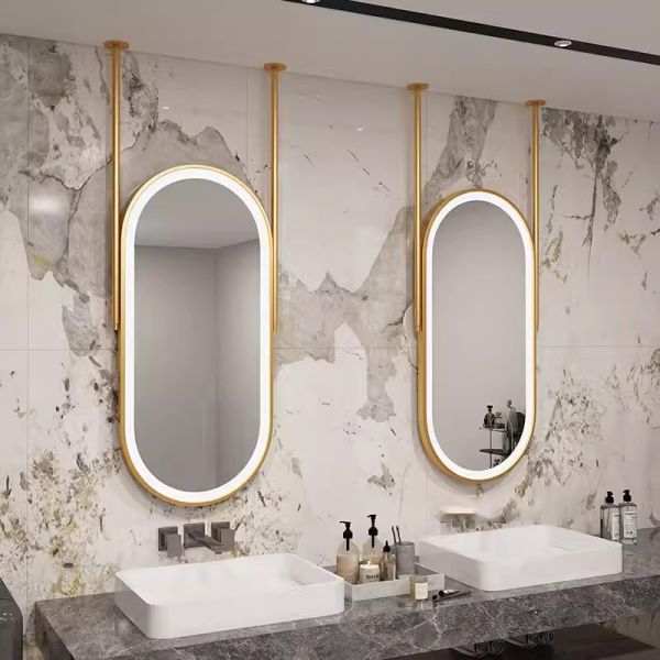 Hotel-Grade Oval Double Rod Suspended Stainless Steel Frame Bathroom Ceiling Mirror Rectangle IP44 Modern Touch Switch for Villa