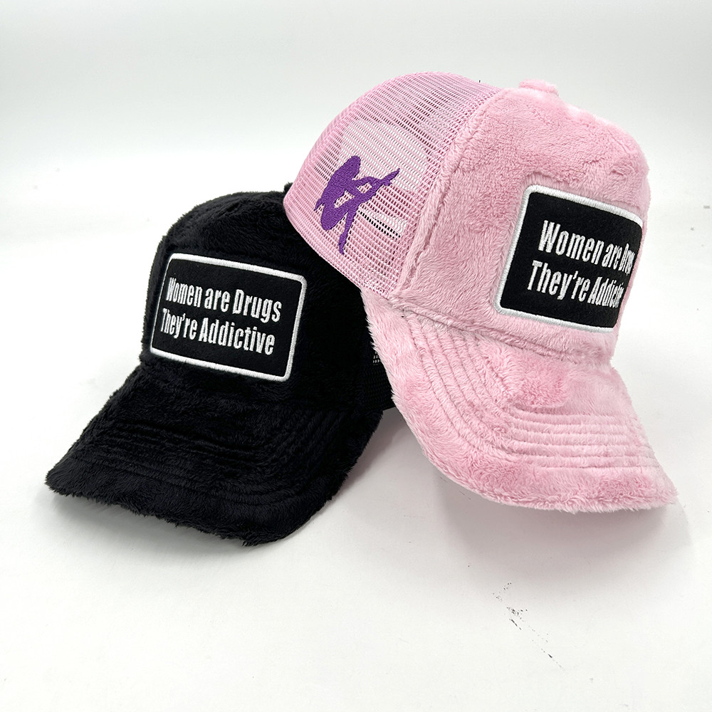 Embroidered Mesh Fluffy Velvet 5 Panel Trucker Hat Custom Snapback Cap