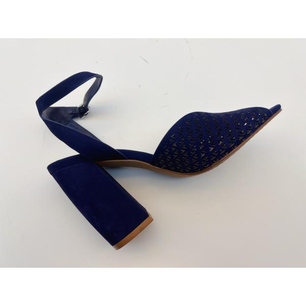 Square Toe High Heel Sandals Navy Soft Nubuck Genuine Leather Sandals For Ladies