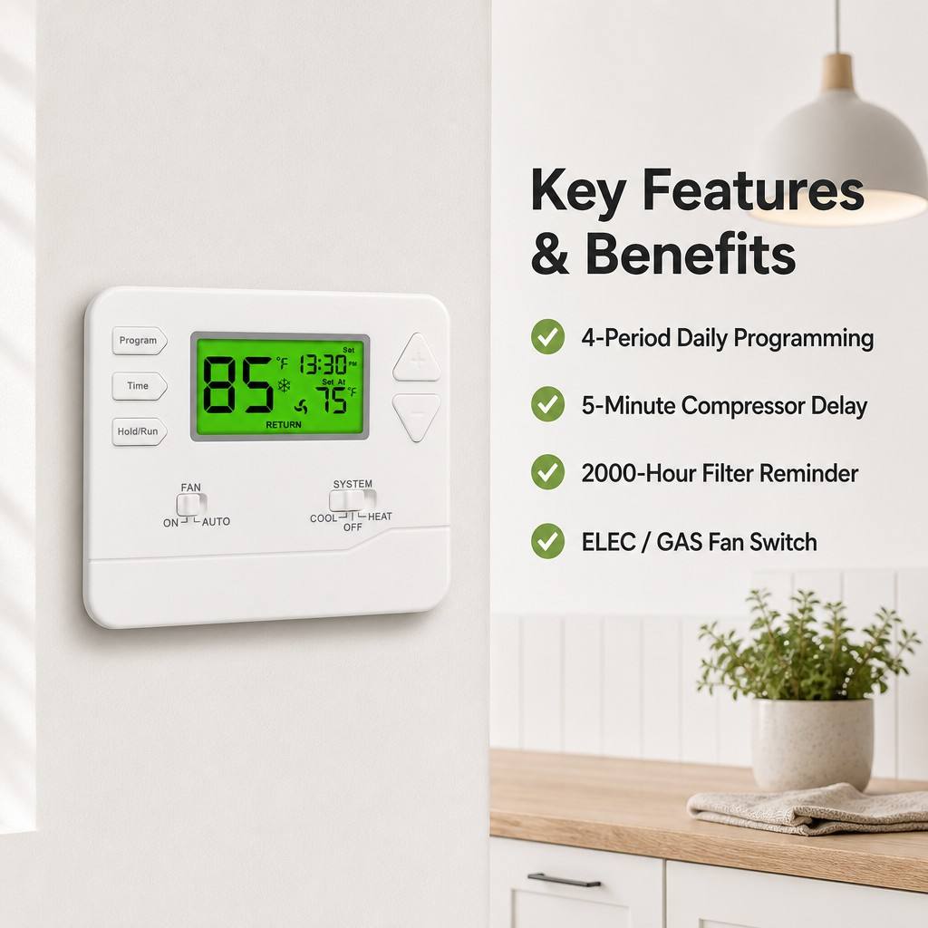 Riseem Wall or Junction Box Mounting Programmable Room Air Conditioning Thermostat with Energy-Saving Feature