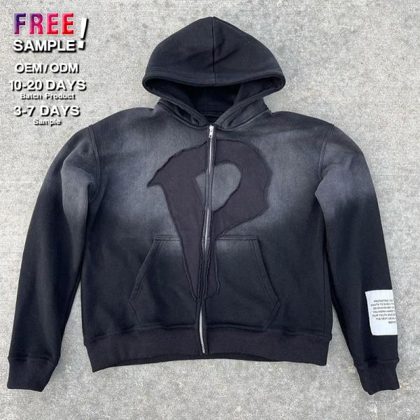 Sin cordones Pesado pesado Rips angustiado Aplicación bordado sudadera con capucha respirable