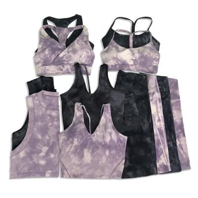                  Custom Logo 5 Pieces Yoga Set Tie Dye Sports Bra and Legging Set Workout Yoga Fitness Wear Sets for Women             