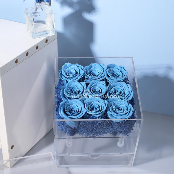 Acrylic Blue Exquisite Nine Eternal Roses Preserved Flowers For Valentine'S Day Gift