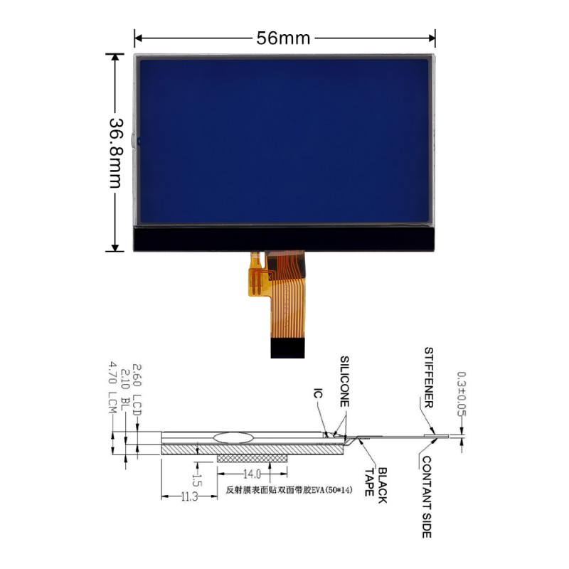 COG12864-27 Blue Film Fstn Material Ffc Module ST7567A 12 PIN COG Matrix LCD Screen