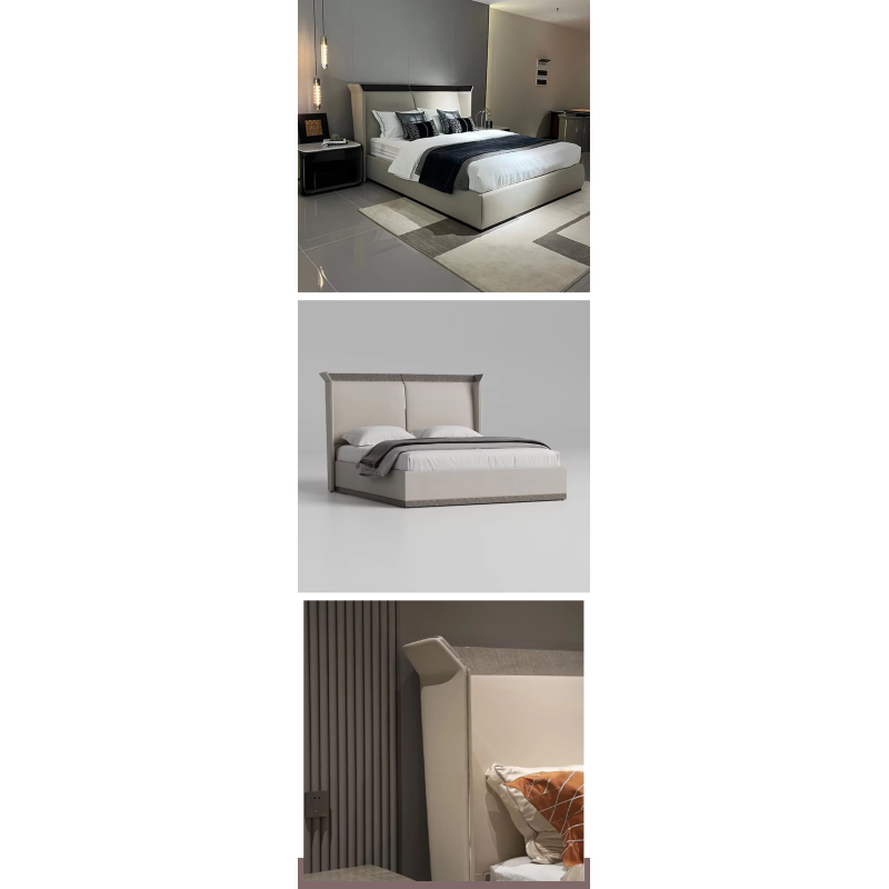 Modern New Design Brown Wooden Double Beige Velvet Leather Bed Room Suite Modern Luxury Home Furniture King Size Bed Design