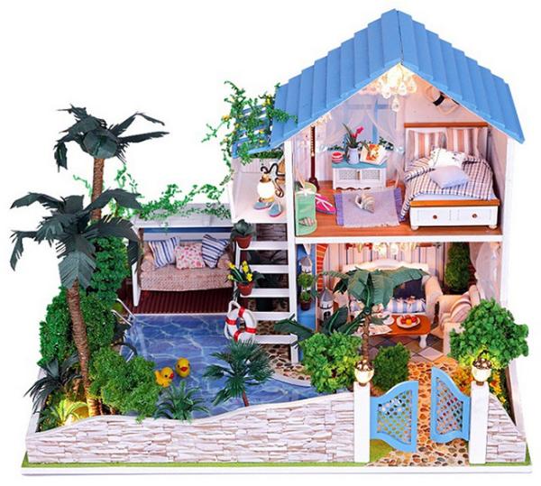 Dollhouse, DIY Lights plush House, Wooden Model, Luxury villas, Seaview, building model