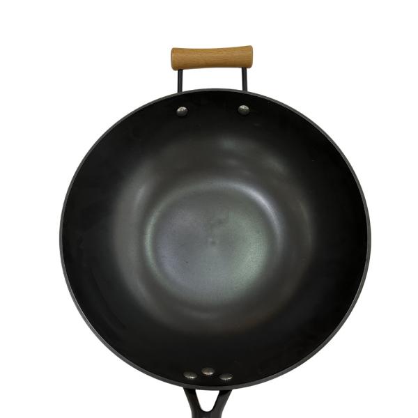 Punho de madeira de Pan Chinese Wok Pan With do ferro fundido resistente de 14 polegadas e tampa de vidro