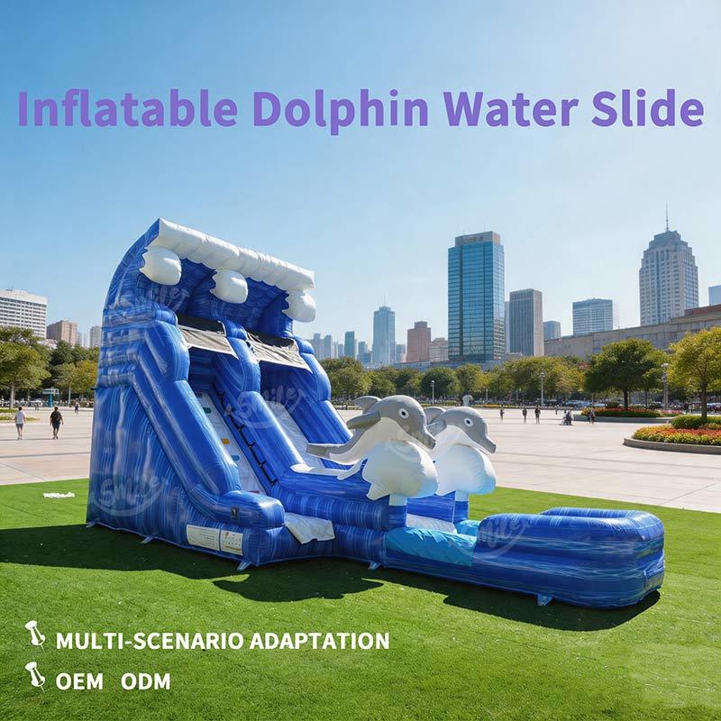 Commercial Grade Inflatable Dolphin Water Slide Dual Lane with Splash Pool for Party Rental